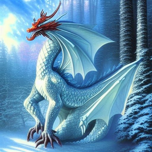 Ethereal Snow Dragon in Winter Forest