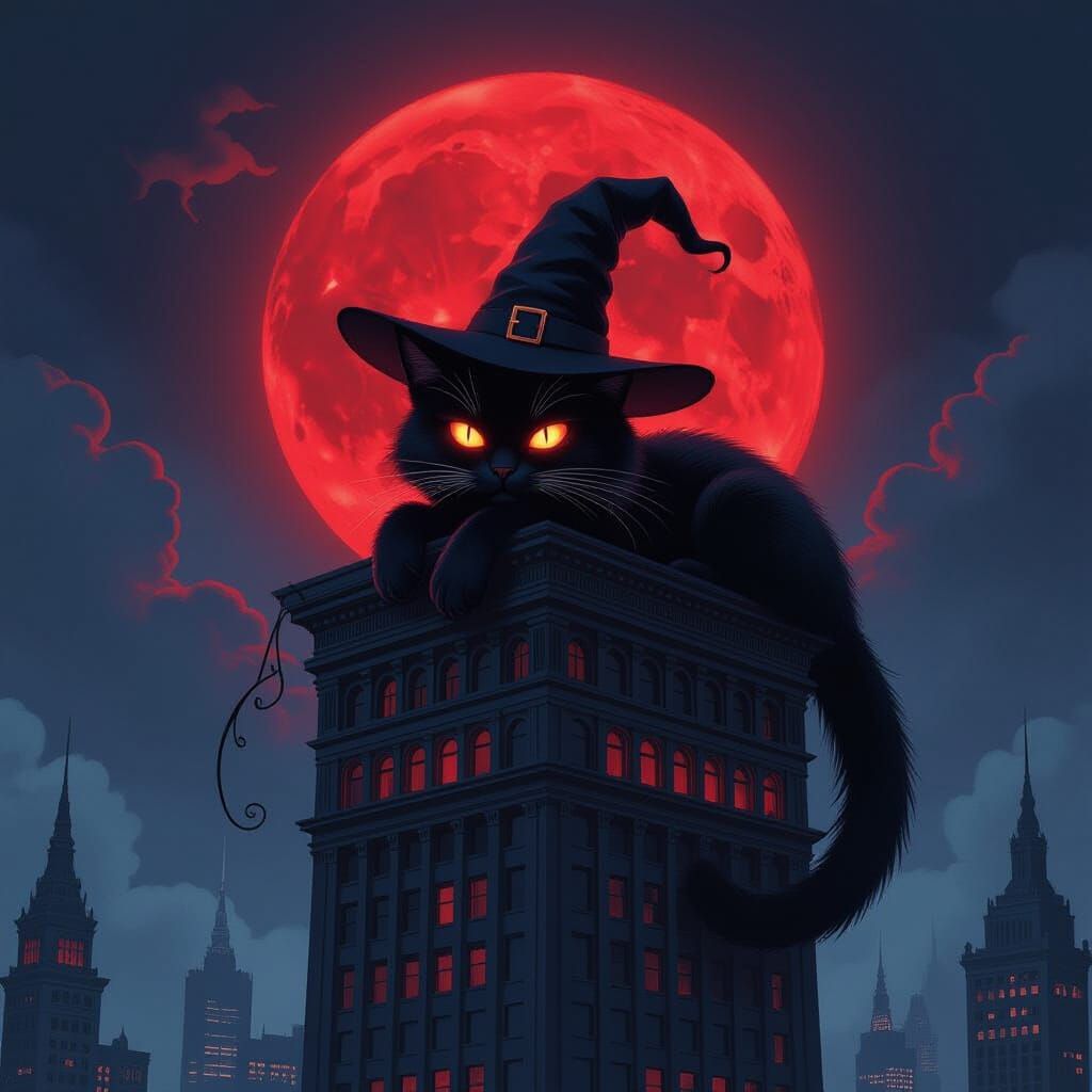 Colossal Black Cat Sleeps on Skyscraper Under Blood Moon