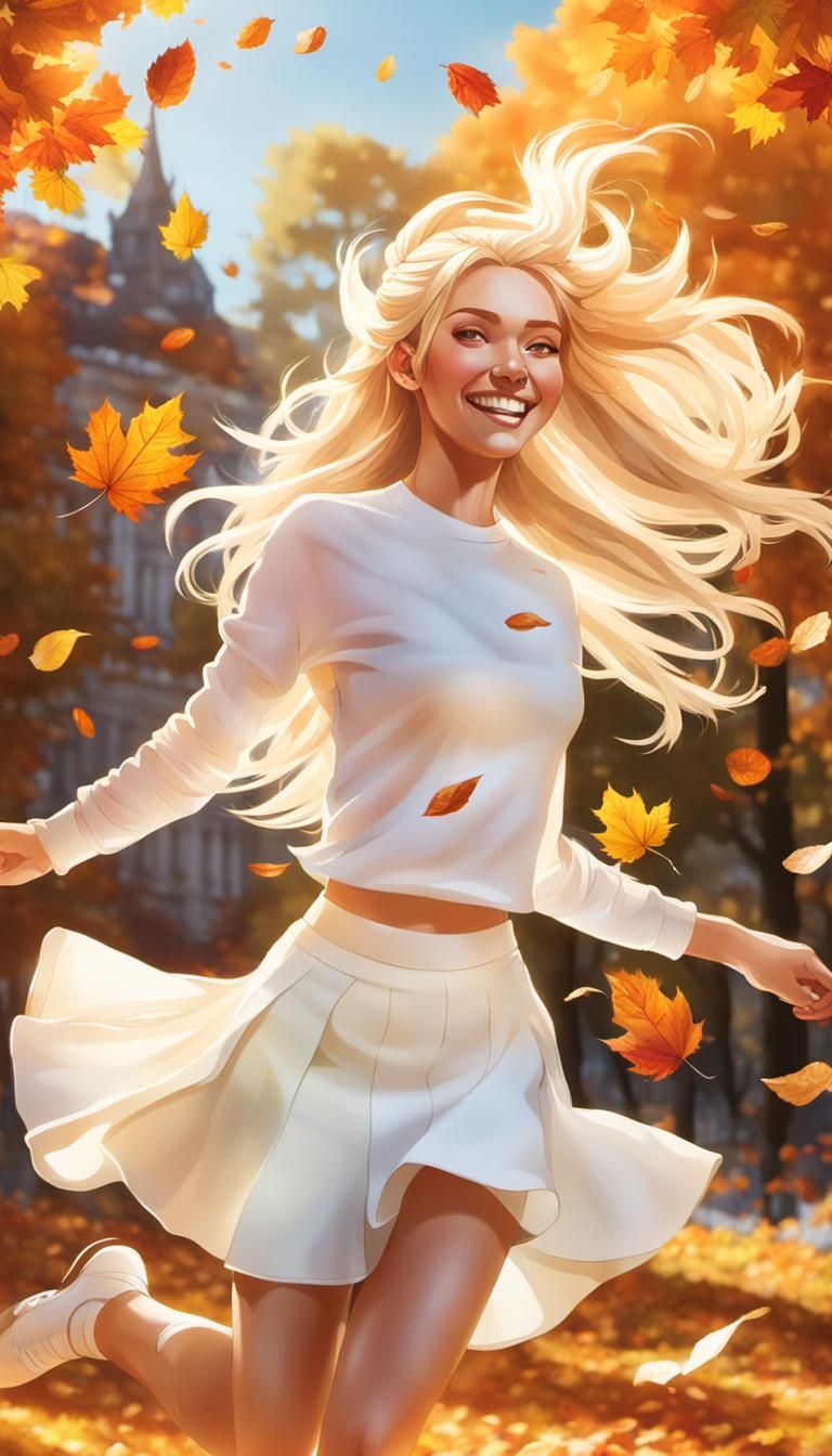 Joyful Woman Jumps in Autumn Sun: Hyperrealistic Art