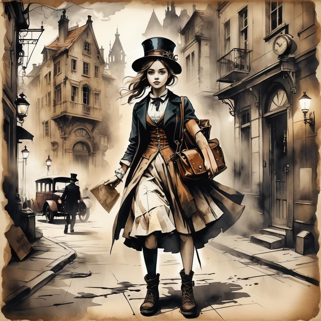 Girl Going to School in Steampunk Ink Painting