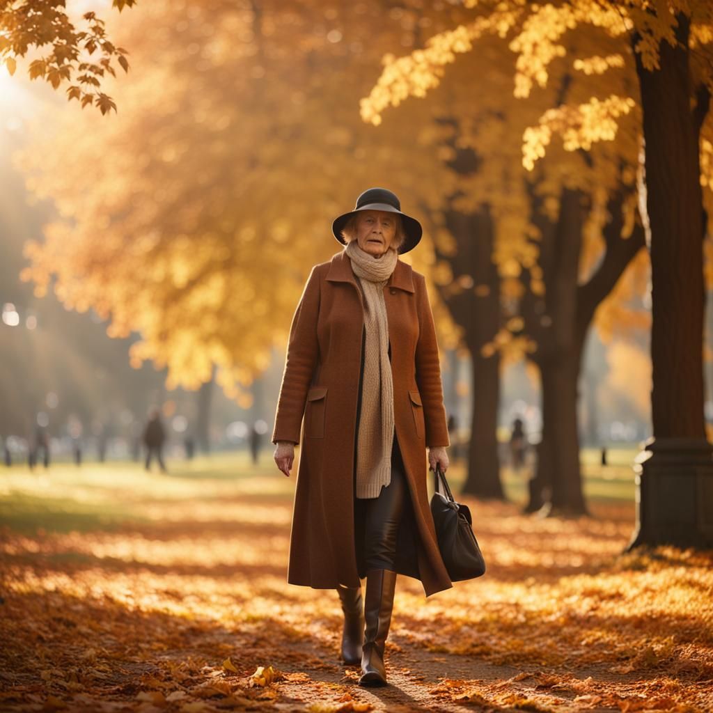 Woman Walks in Autumn Park: Cinematic Still