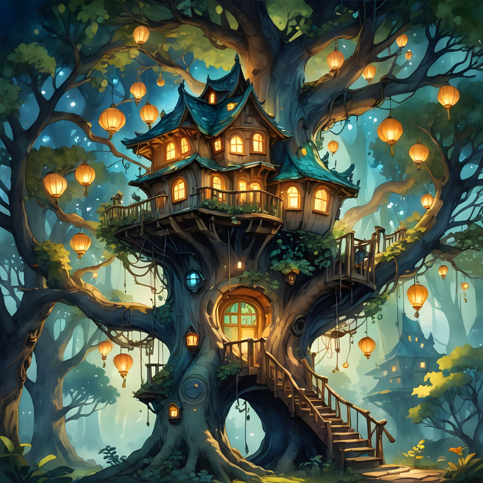 Magical Treehouse in Watercolor Style