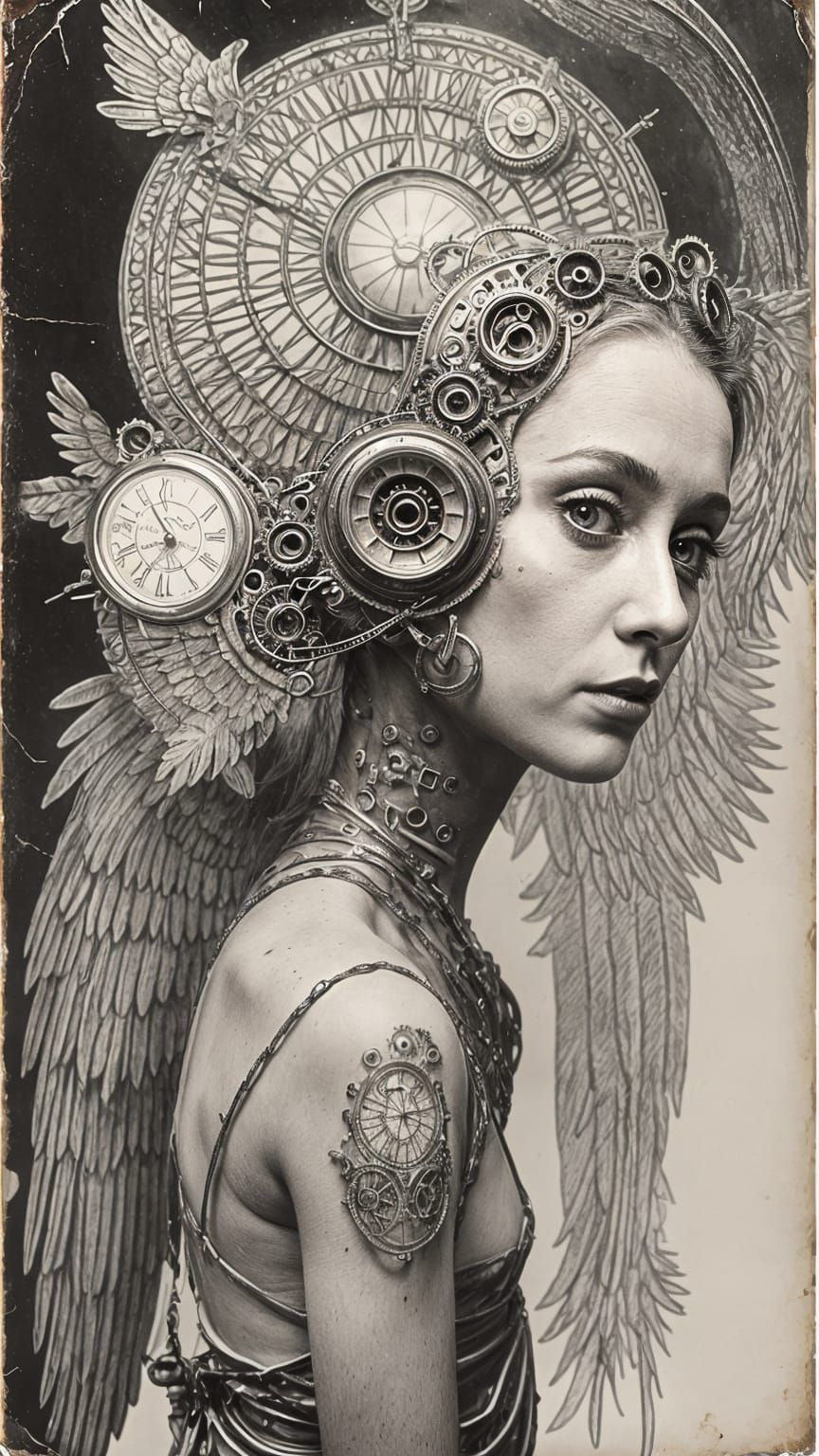 Surreal Angel Head with Clockwork Wings