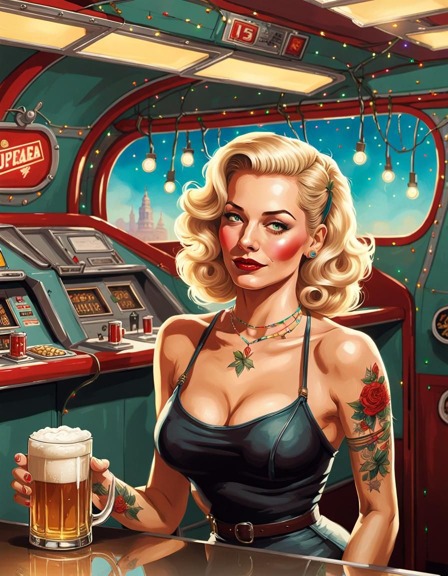 Retro Airplane Bar with Tattooed Woman