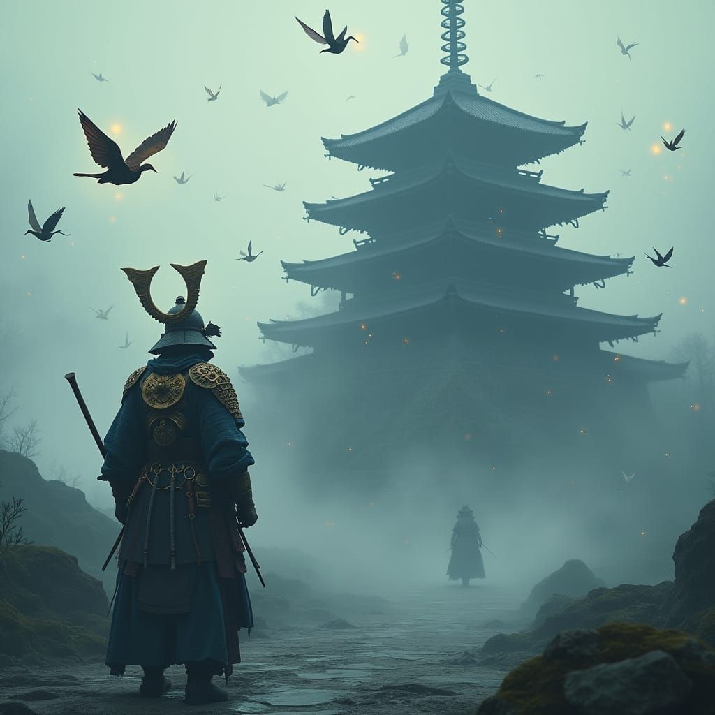 Steampunk Samurai Before Mystical Temple