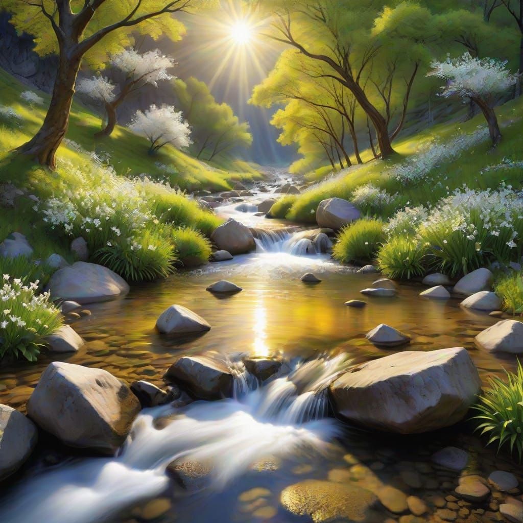 Golden Light River Flows Through Majestic Mountainside