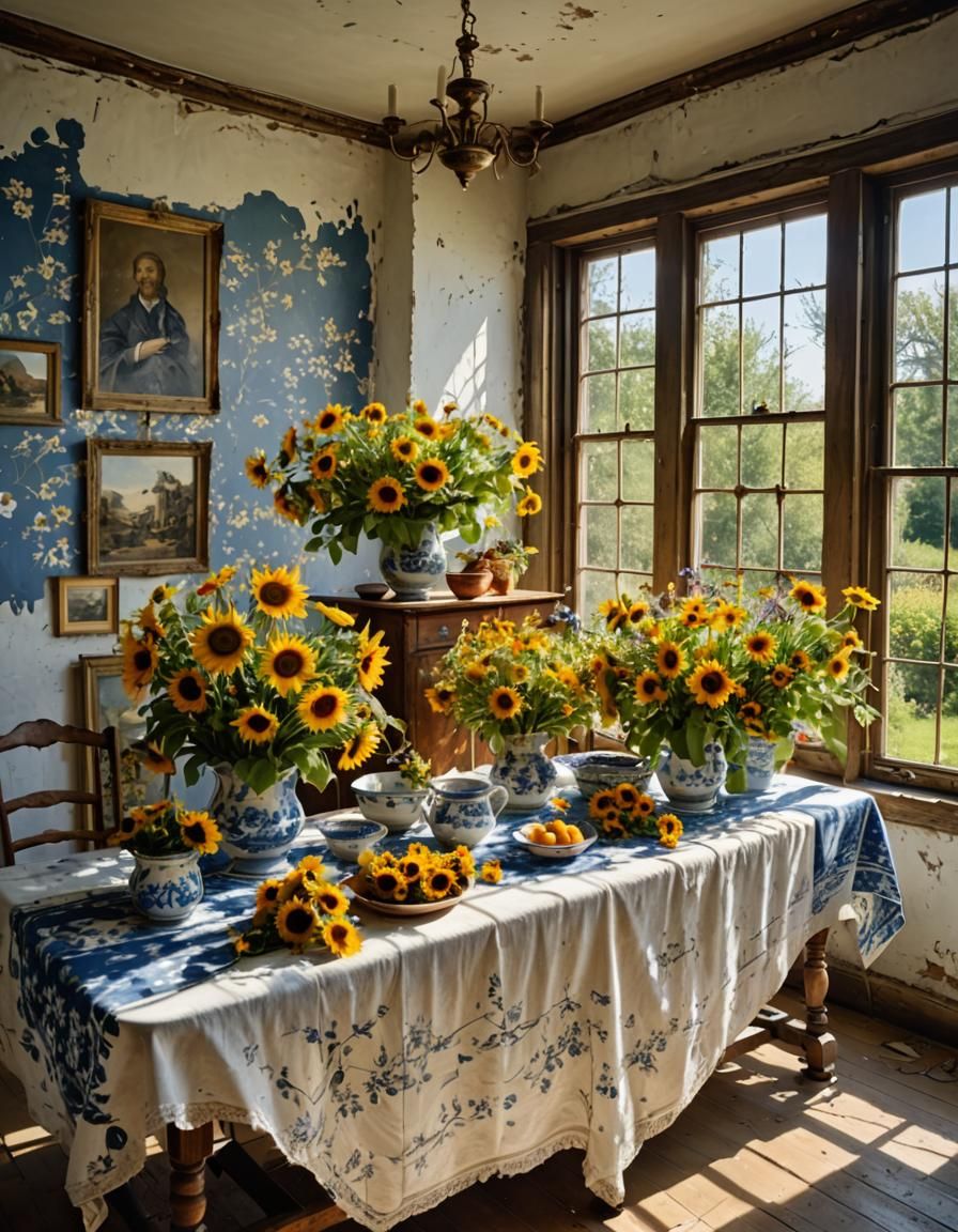 Floral Still Life with Sunflowers in Surreal God Rays