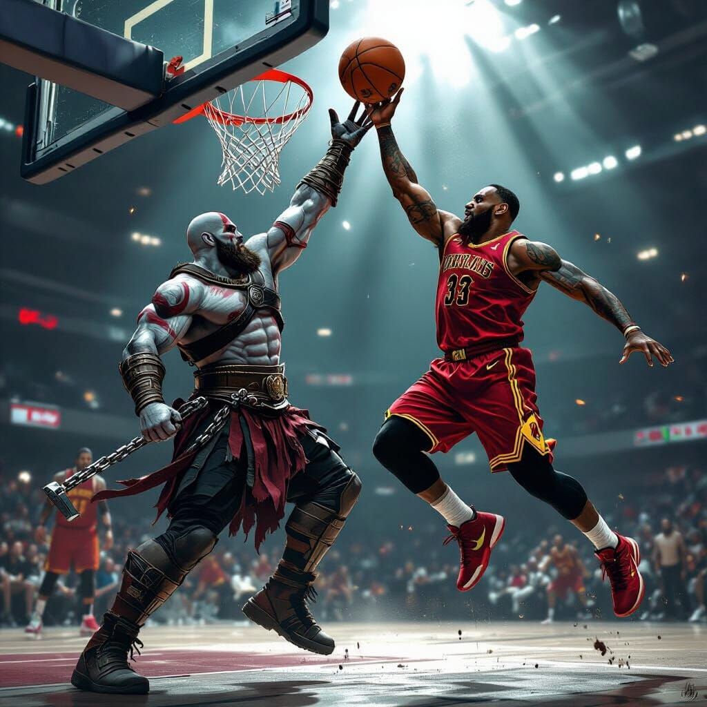 Kratos Dunks on LeBron in Comic Book Style