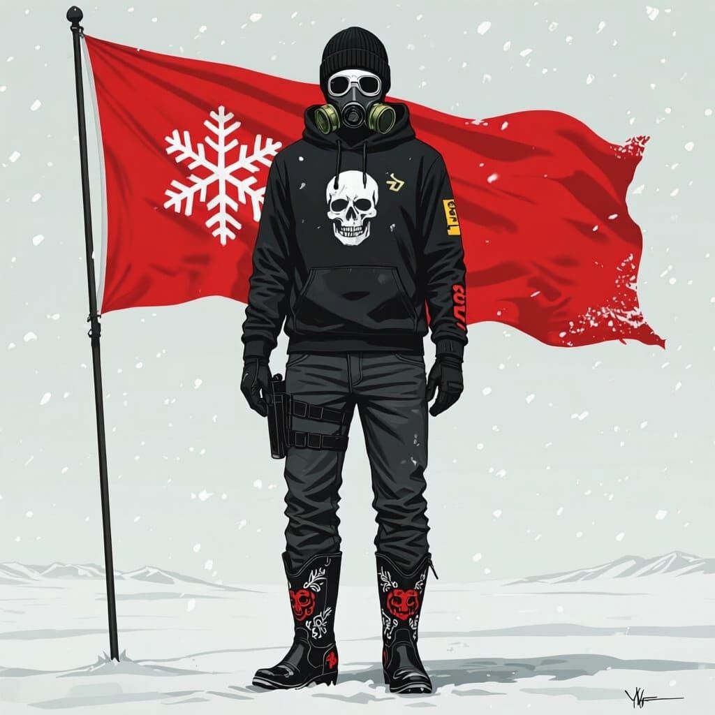 Dystopian Soldier with Flag and Snowflake in Futuristic Styl...