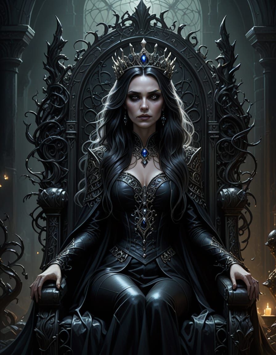 Whimsical Gothic Queen on Obsidian Throne