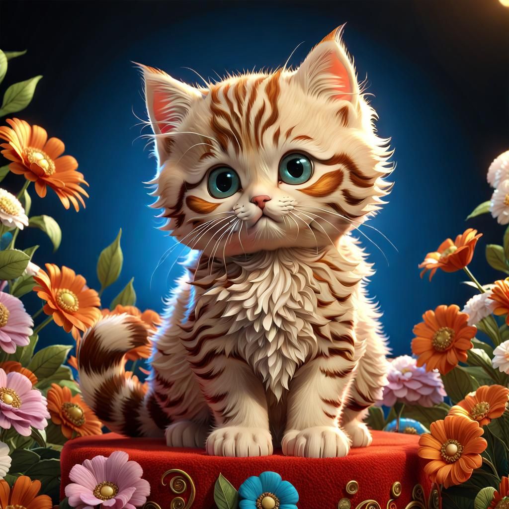 Overdetailed Cute Fluffy Kitten with Big Eyes