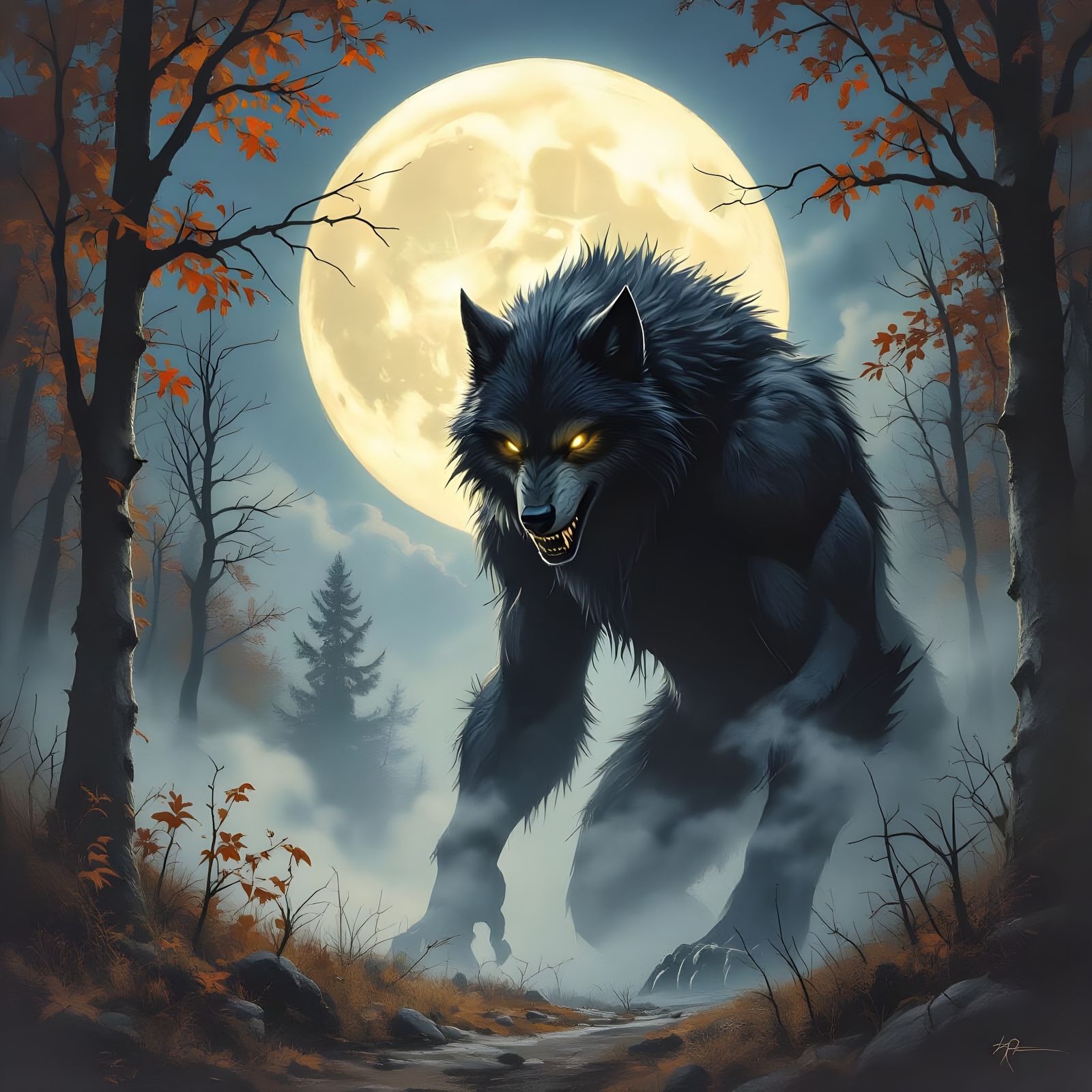 Werewolf in Autumn Forest Under Full Moon