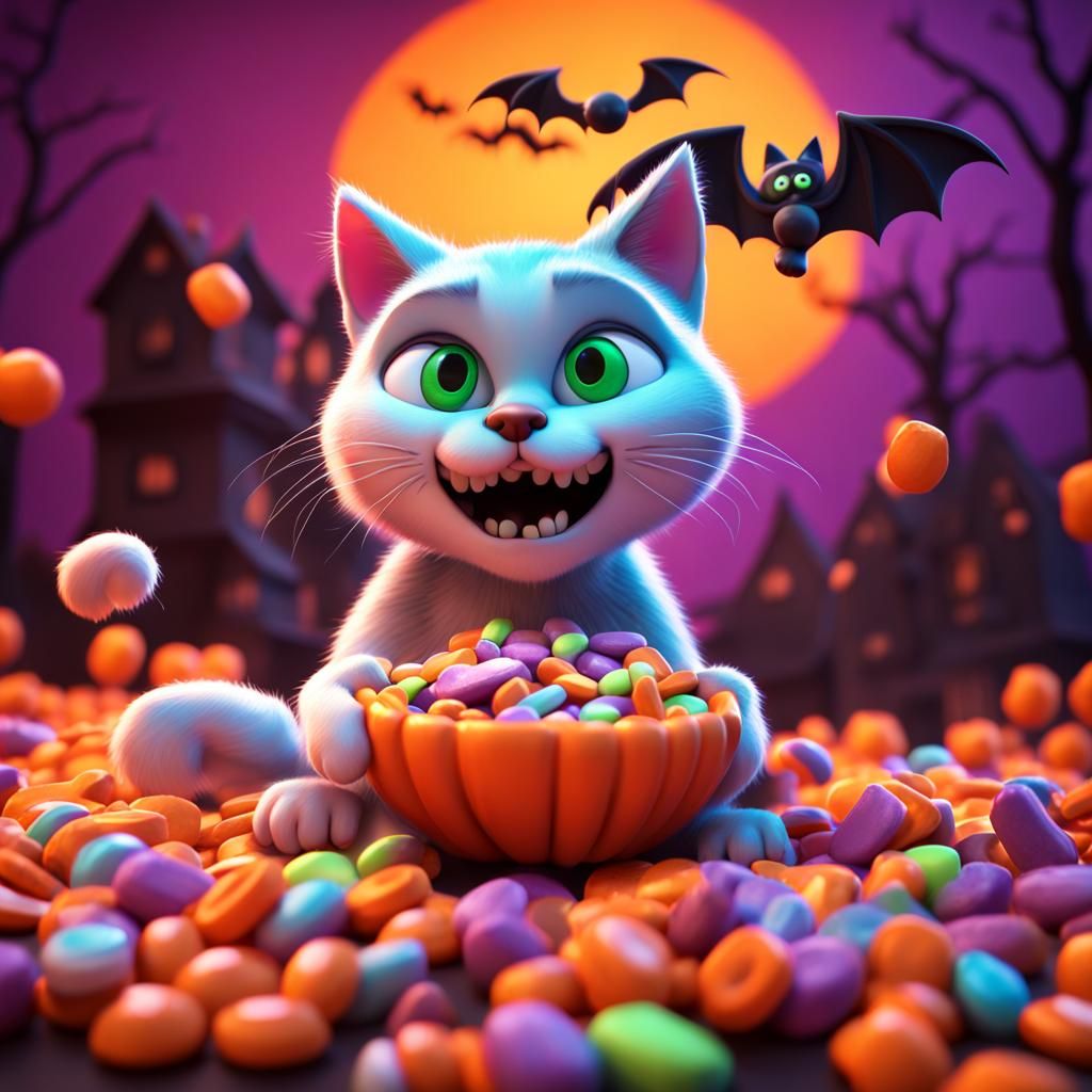 Halloween Cat Enjoys Candy: 3D Digital Art