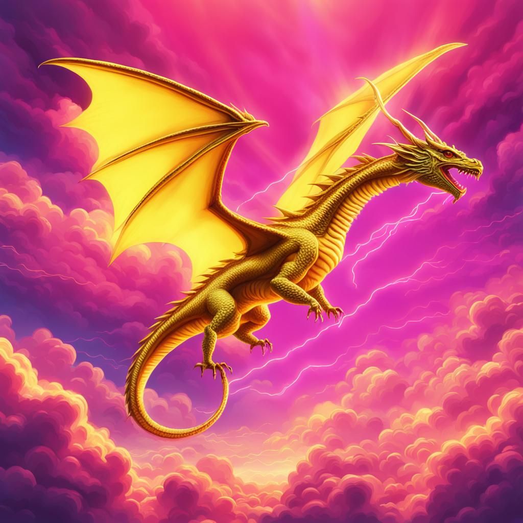 Yellow Dragon Flies in Synthwave Neon Sky