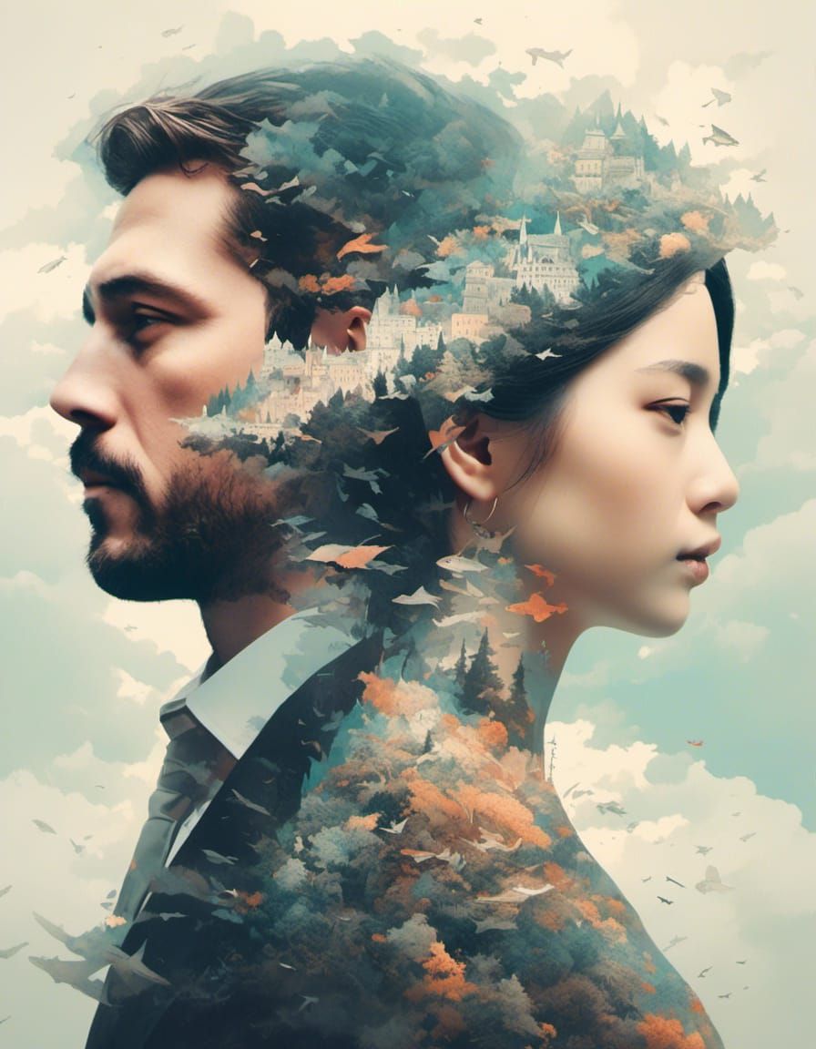 Overlapping Portraits: Double Exposure of Man and Woman