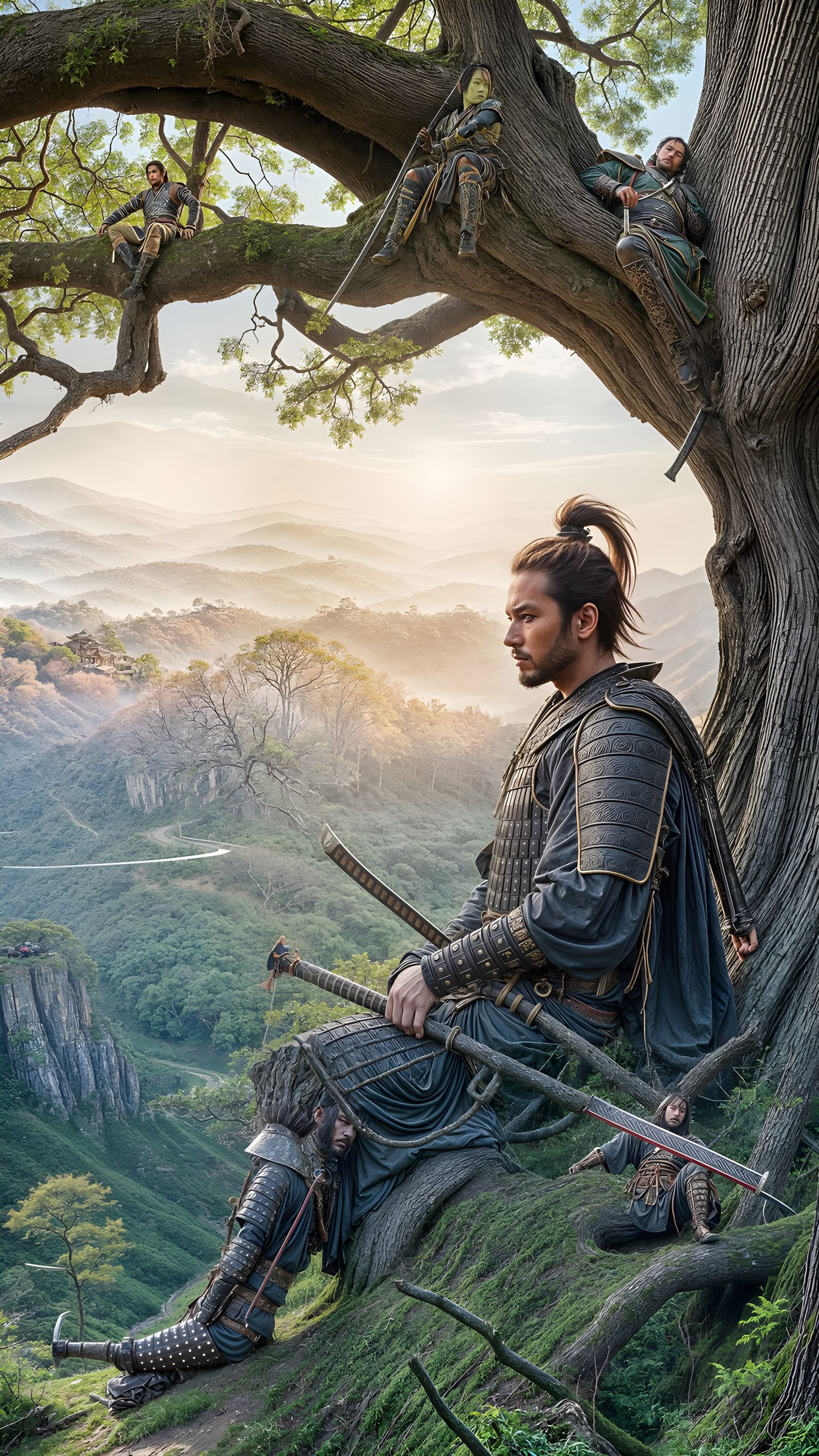 Samurai Resting Under Ancient Tree at Sunset