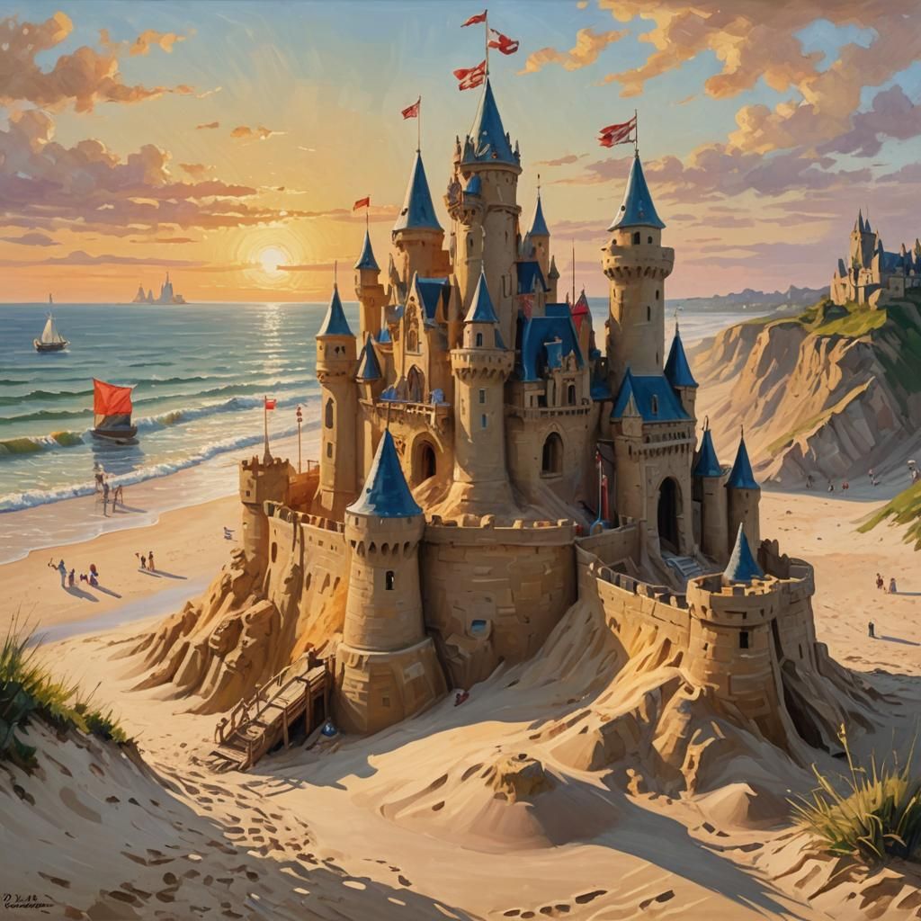 Towering Sandcastle Beside Serene Beach as Oil Painting