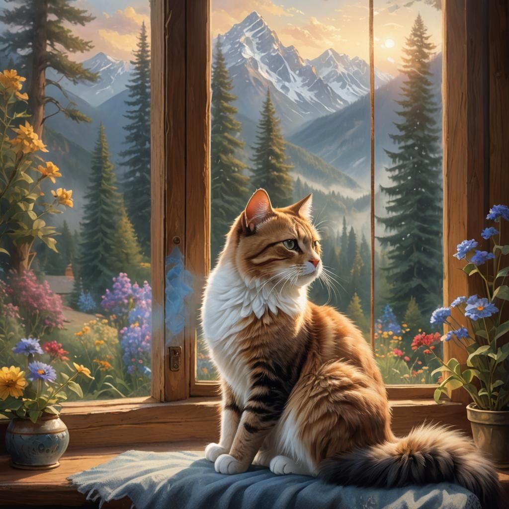 Cat Gazing at Misty Mountains in Ethereal Light