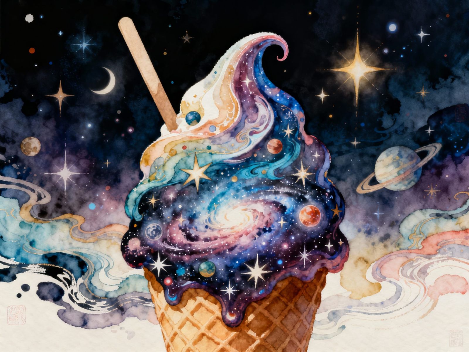Cosmic Ice Cream Swirls in Galactic Art Style