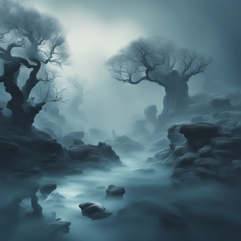 Ethereal Foggy Landscape in Surreal Digital Painting Style