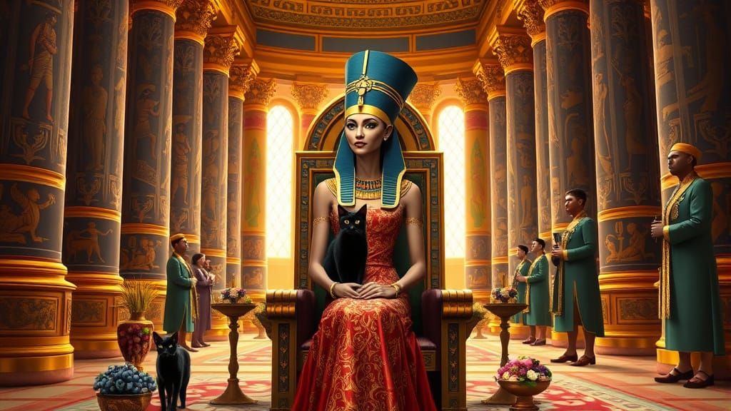 Nefertiti on Golden Throne in Opulent Palace