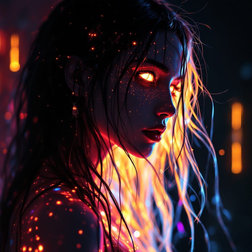 Ethereal Woman Silhouette with Glowing Eyes in Cyberpunk Sty...