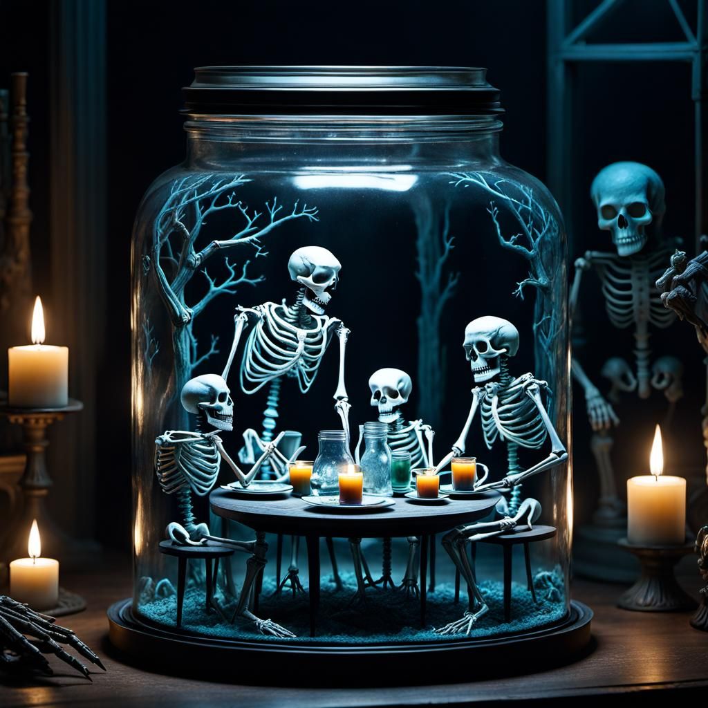 Skeleton Family Dinner in a Haunted Jar
