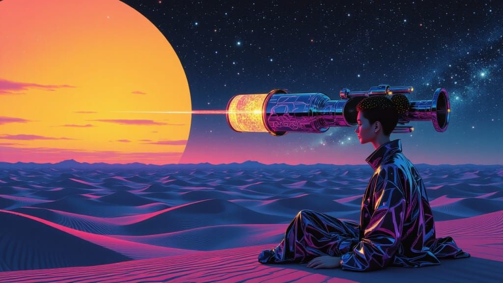 Androgynous Being Beside Telescope on Starlit Desert
