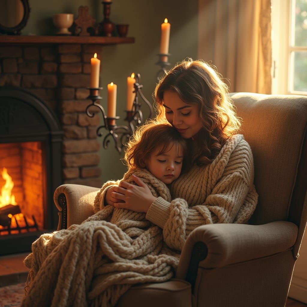 Mother and Daughter by Fireplace, Impressionistic Style