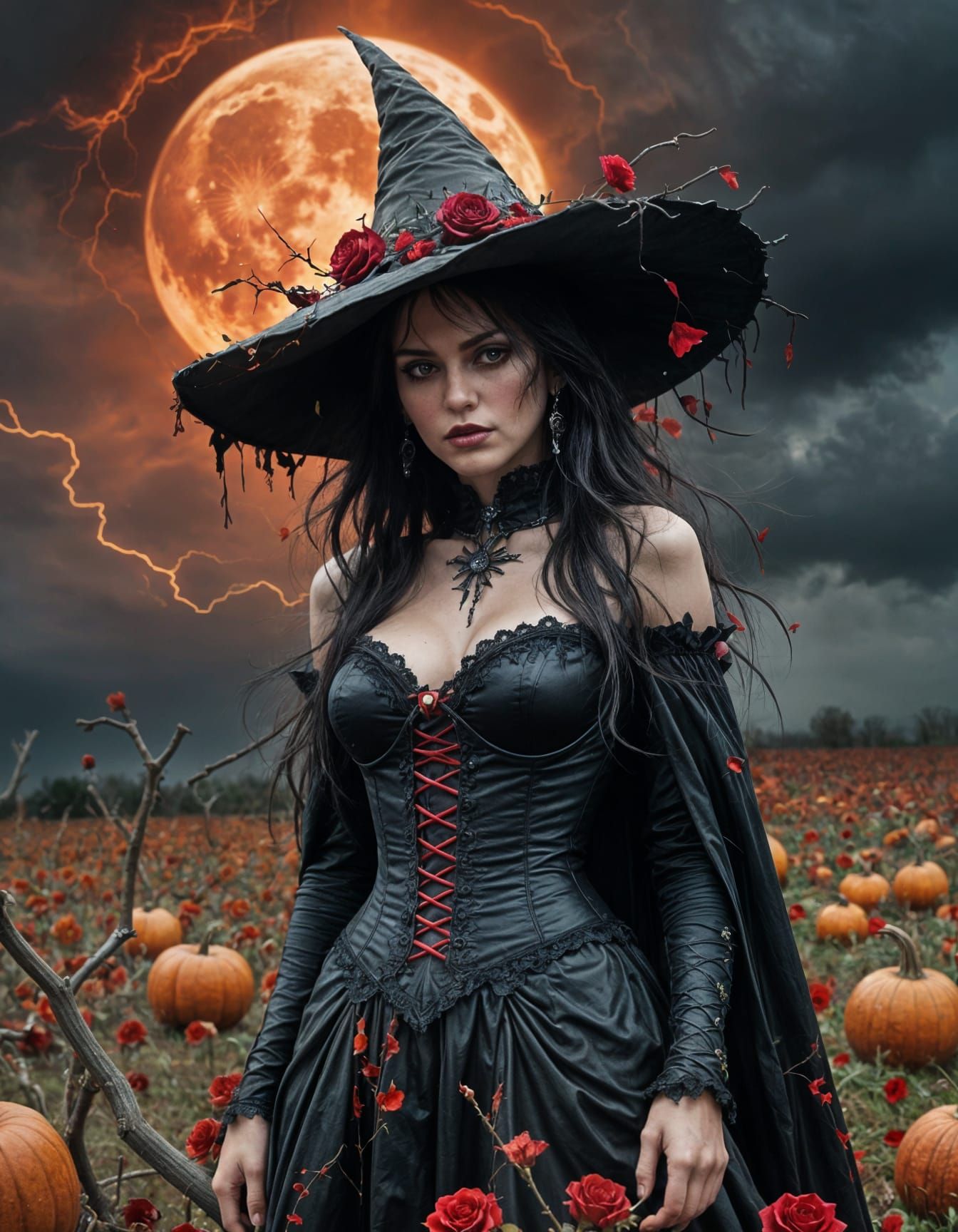 Melancholic Witch in Rose and Pumpkin Field