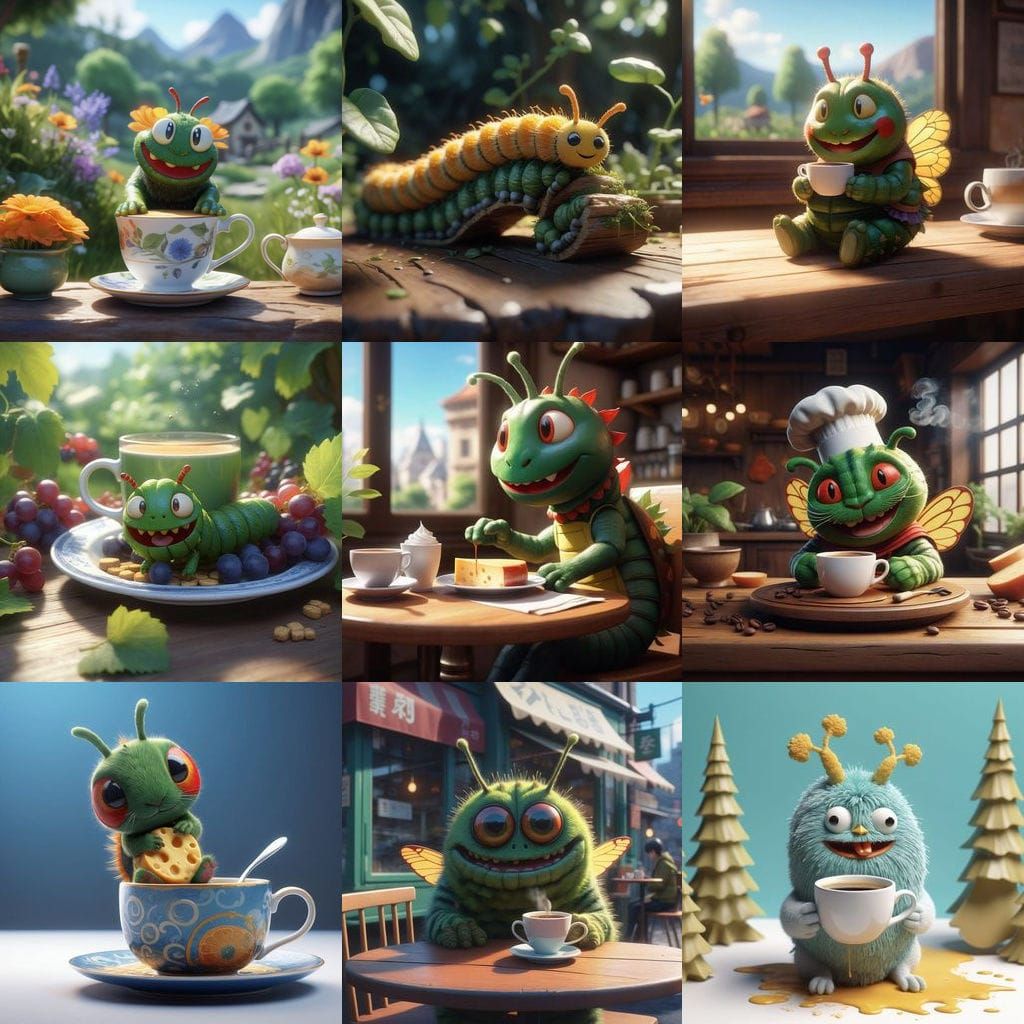 Vibrant 3D Anime Caterpillar Savoring Coffee and Cheese