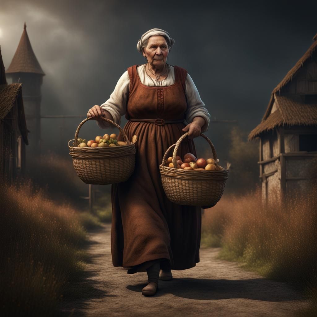 Medieval Farmer Woman with Food Basket