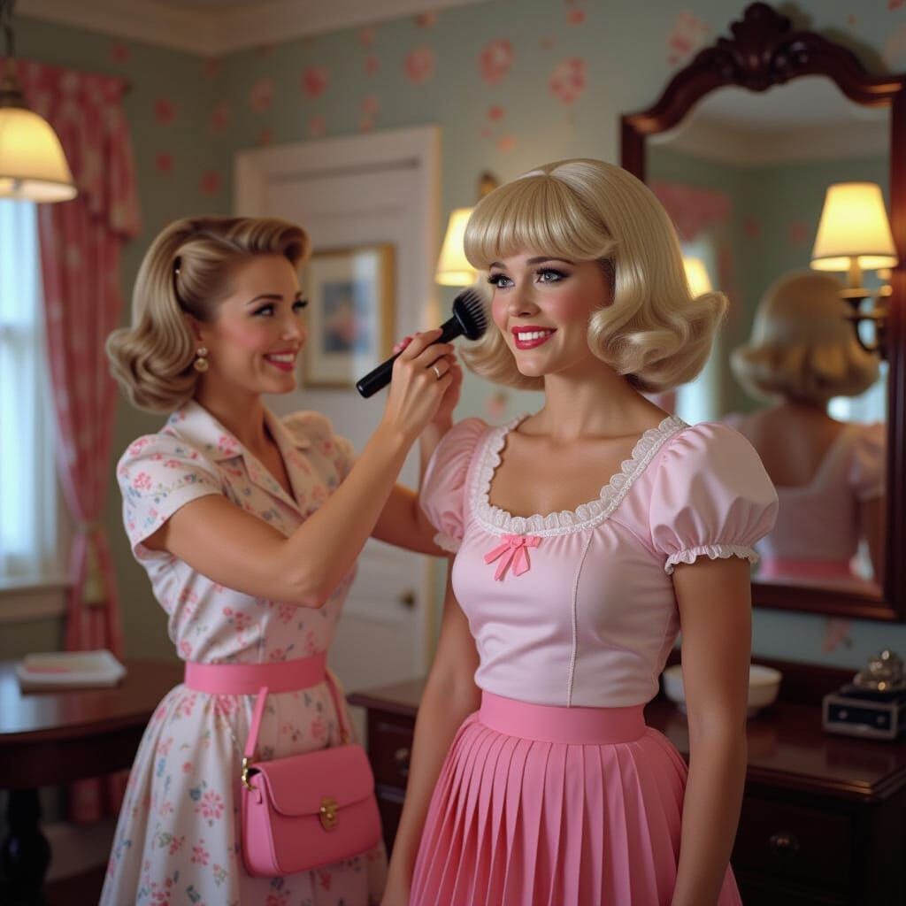 Woman Brushes Hair of Man in Miniskirt, Cinematic Film Still