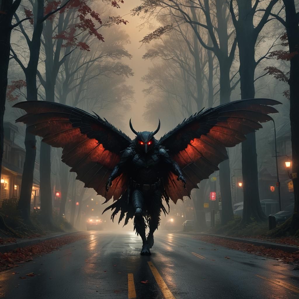 Mothman in Dimly Lit Street: Digital Matte Painting