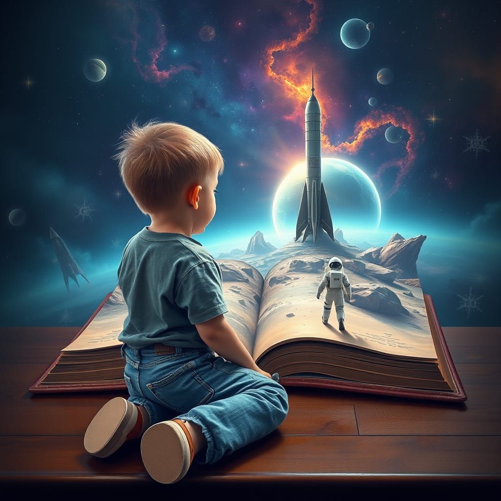 Little Boy Lost in Cosmic Adventure Sci-fi Scene