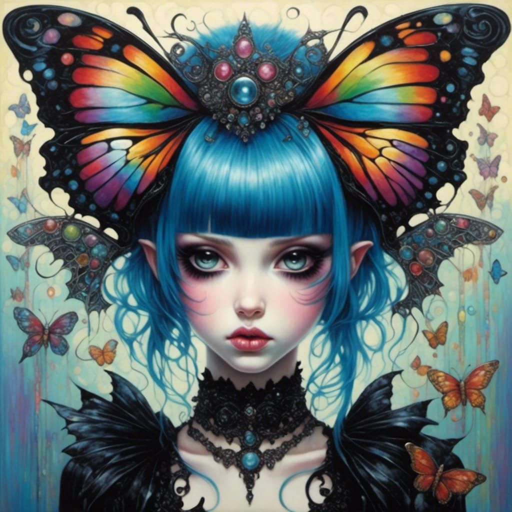 Goth Anime Fairy with Rainbow Butterflies and Glitter