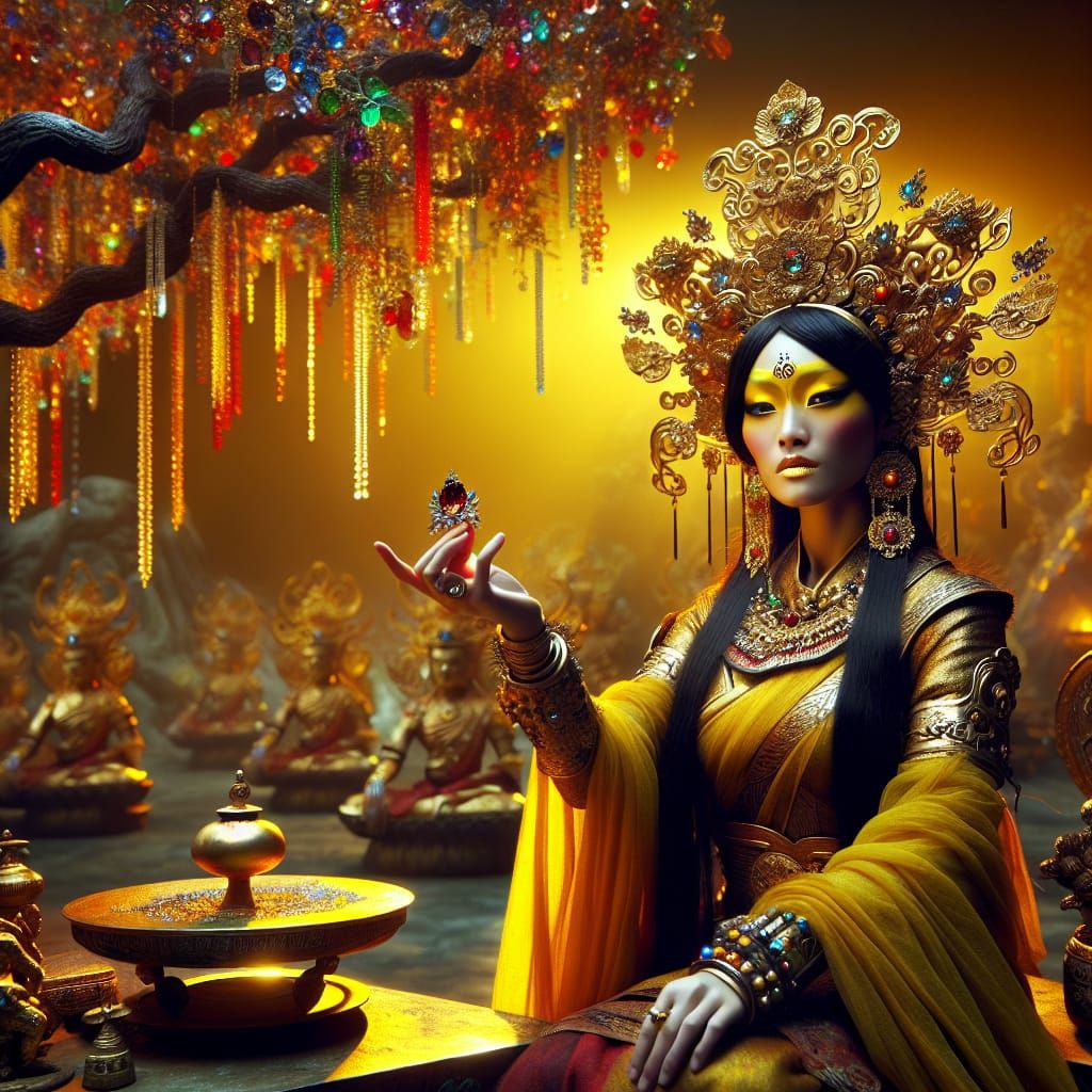 Yellow Tara Meditating Beneath Gem Tree: Digital Matte Paint...