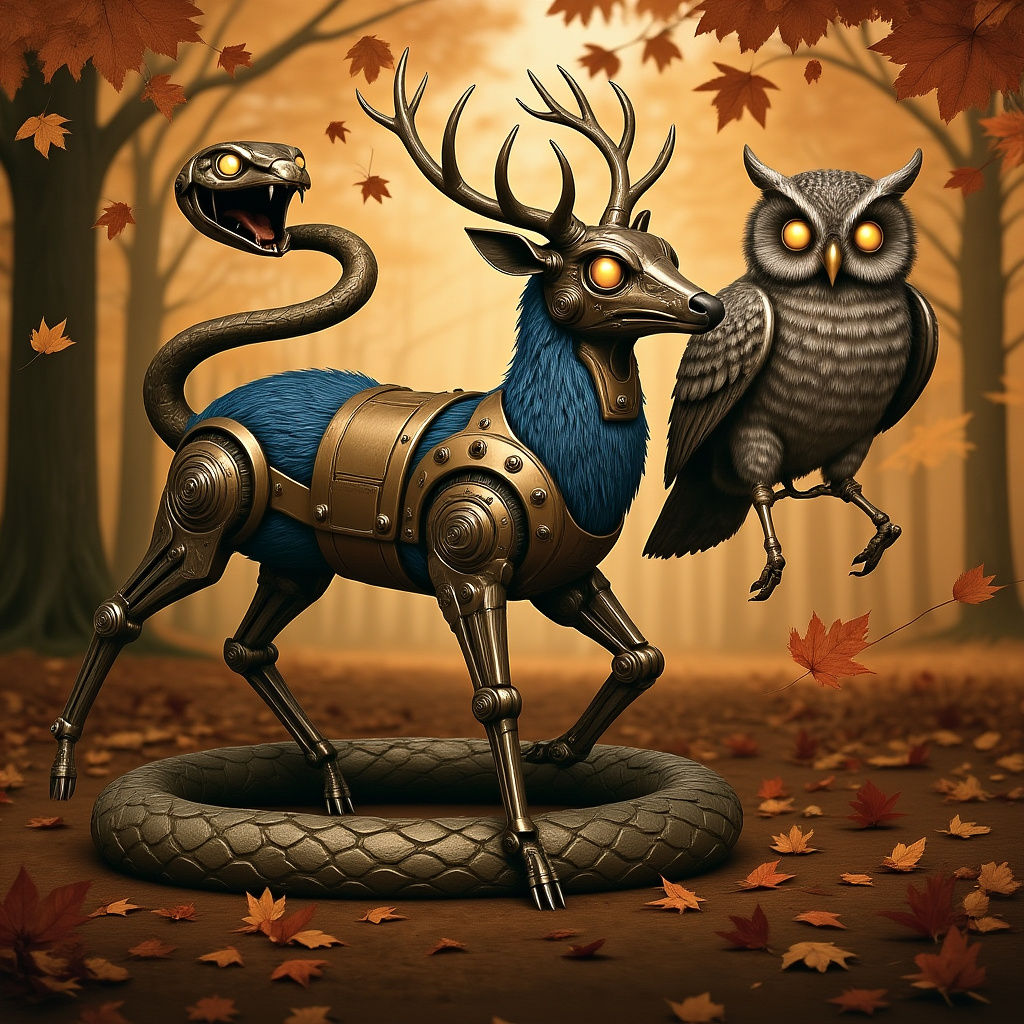 Steampunk Robotic Animals Play in Autumn Leaves