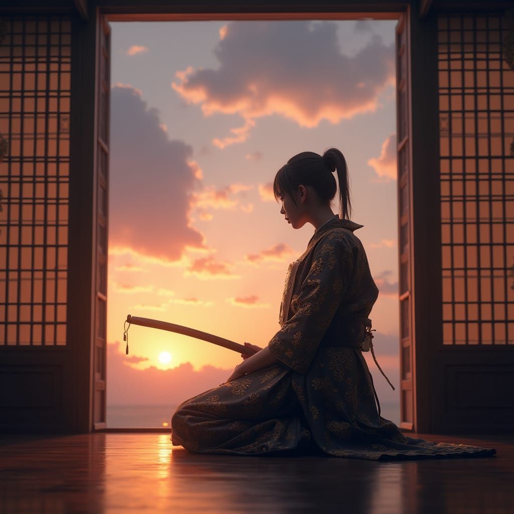 Contemplative Samurai Maiden in Traditional Japanese Dojo