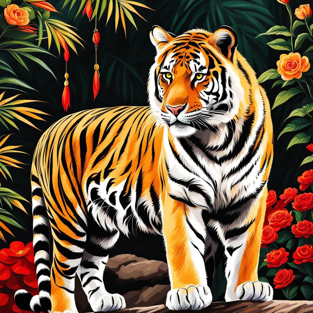 Tiger with Hearts, Flames and Flowers Graphic