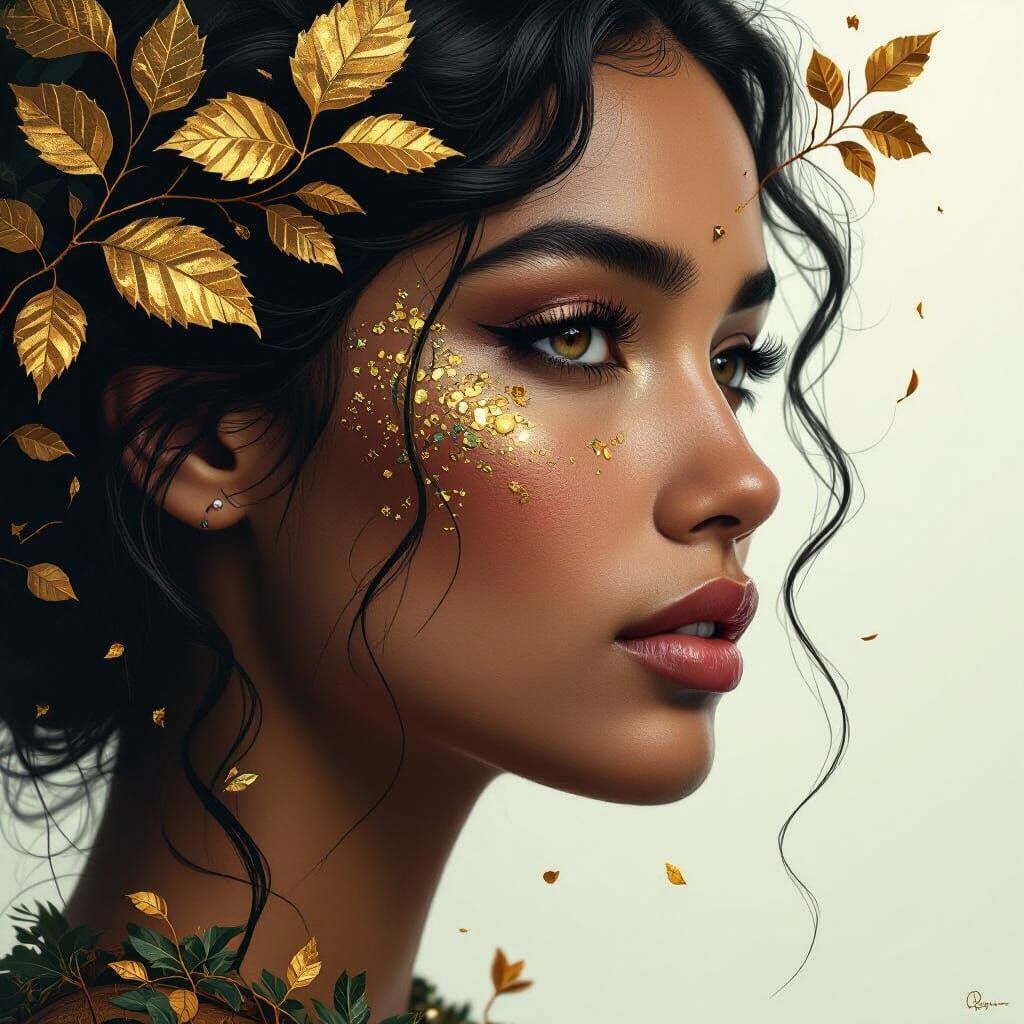 Surreal Portrait with Braided Hair and Golden Details