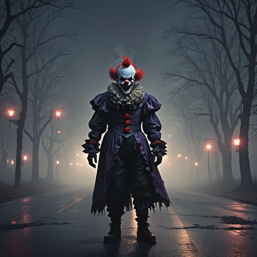Evil Clown on Foggy Road: Low-Poly 3D Art