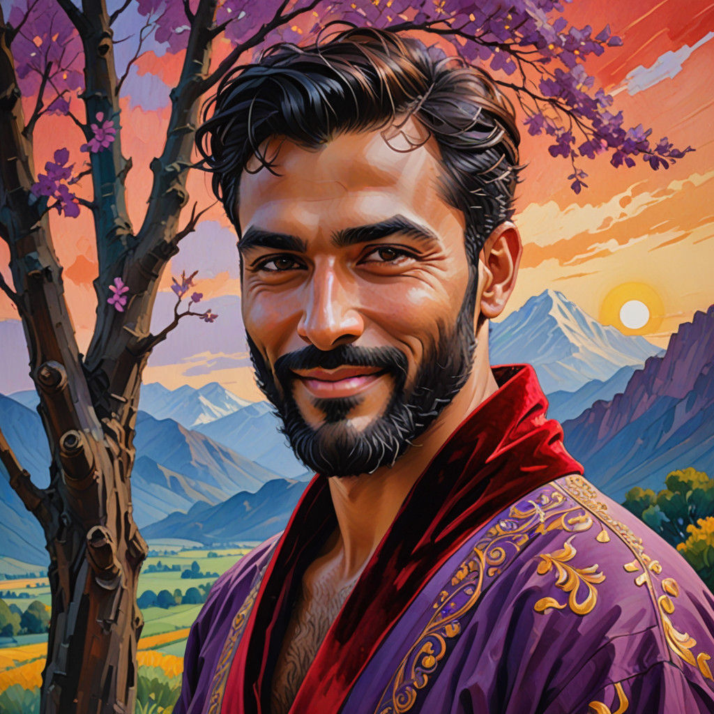 Elegant Man in Velvet Robe Amidst Vibrant Mountains