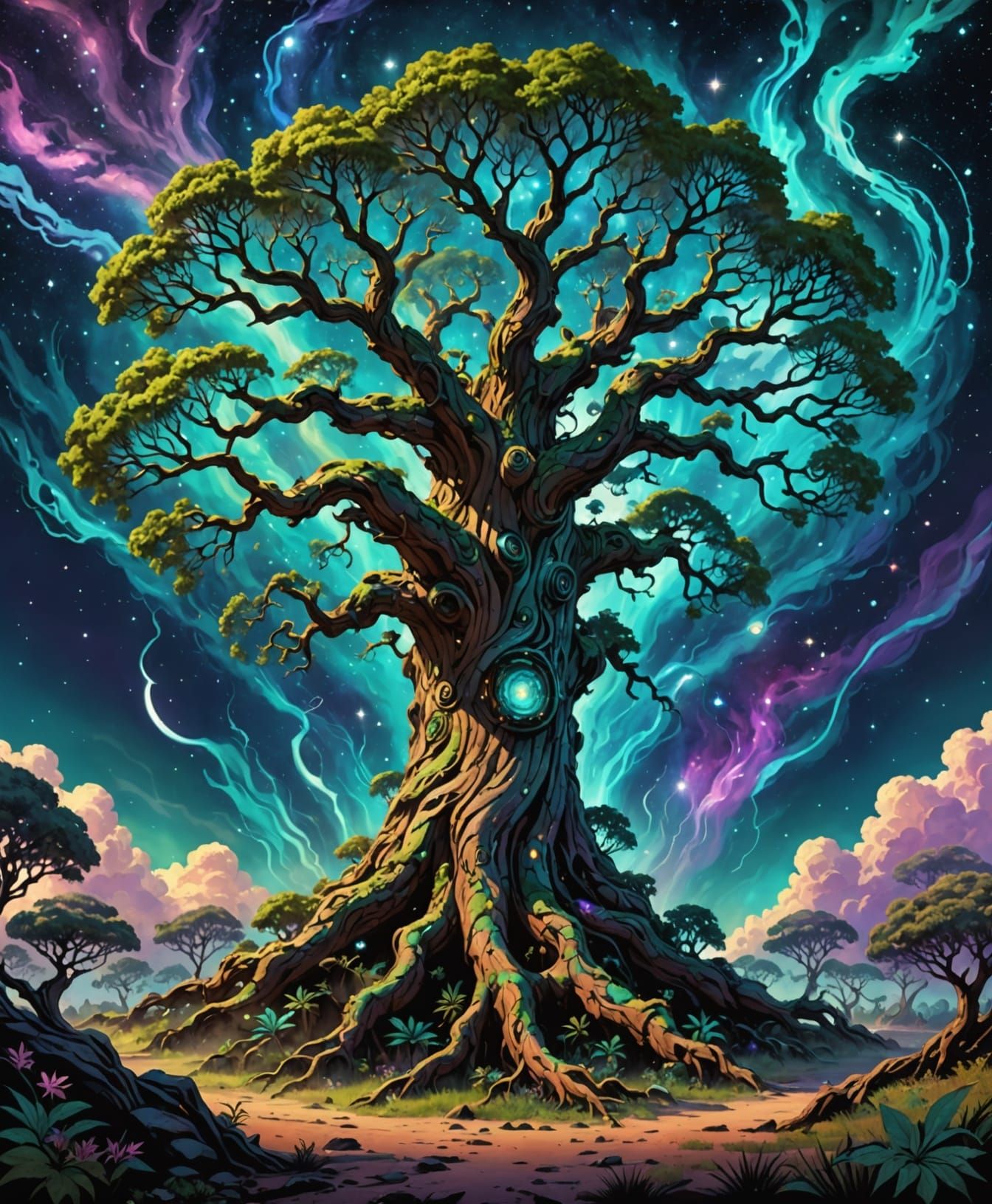 Ancient Bioluminescent Tree in Cosmic Garden