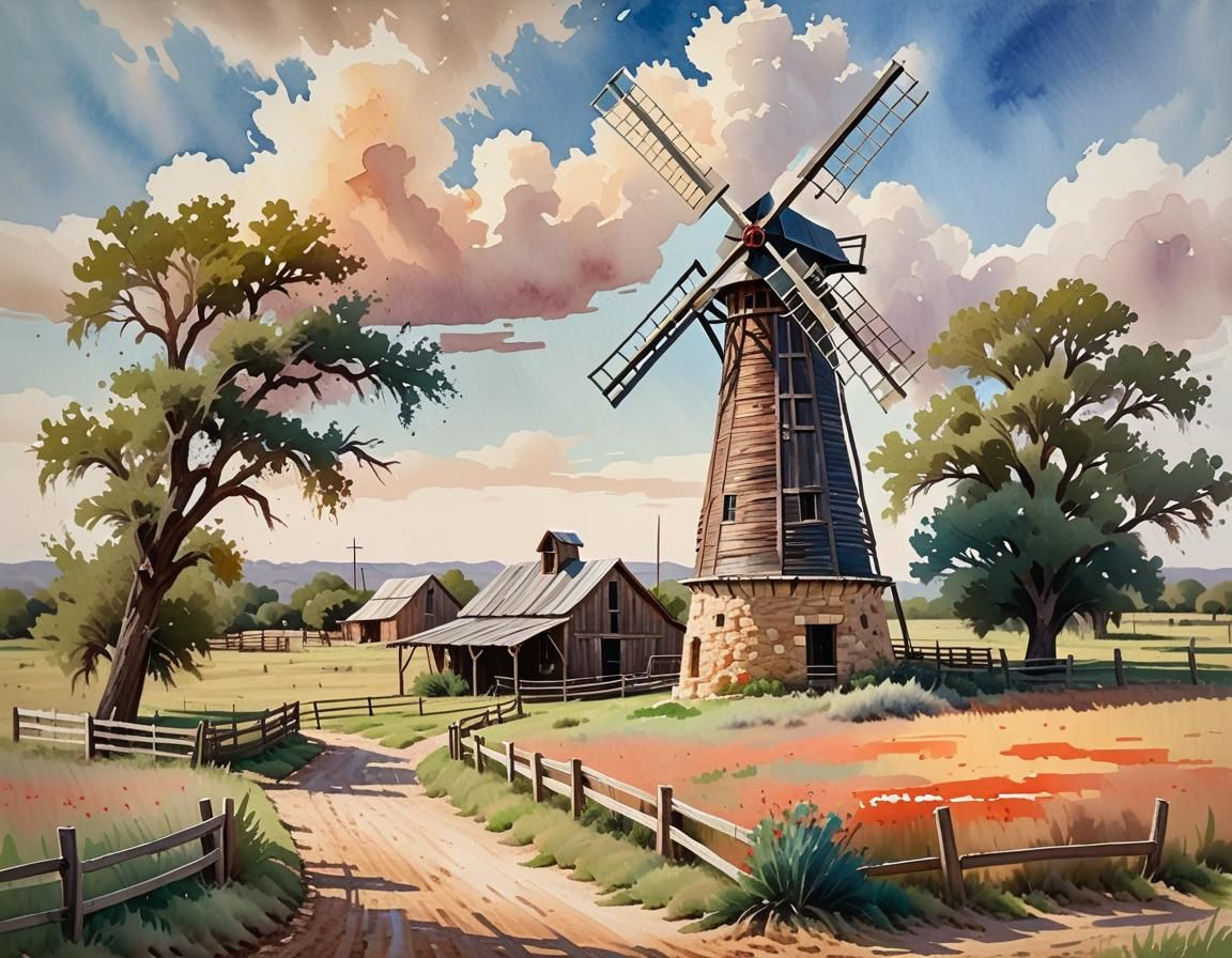 Texas Ranch Windmill in Gouache Watercolor Style