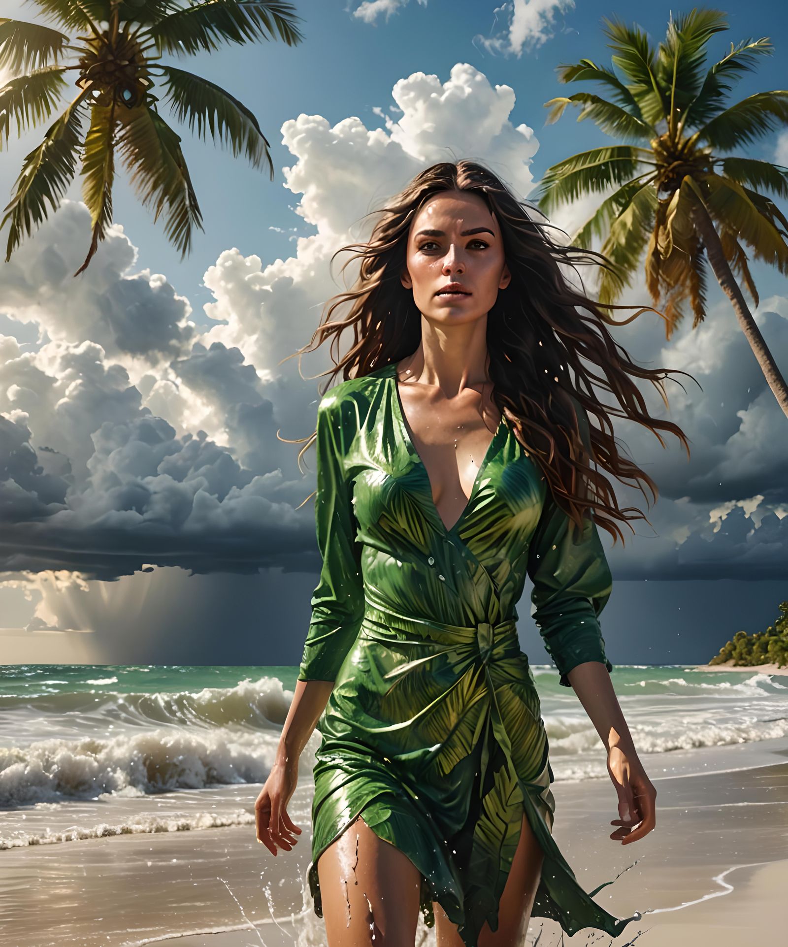 Brunette Emerges from Sea on Tropical Beach