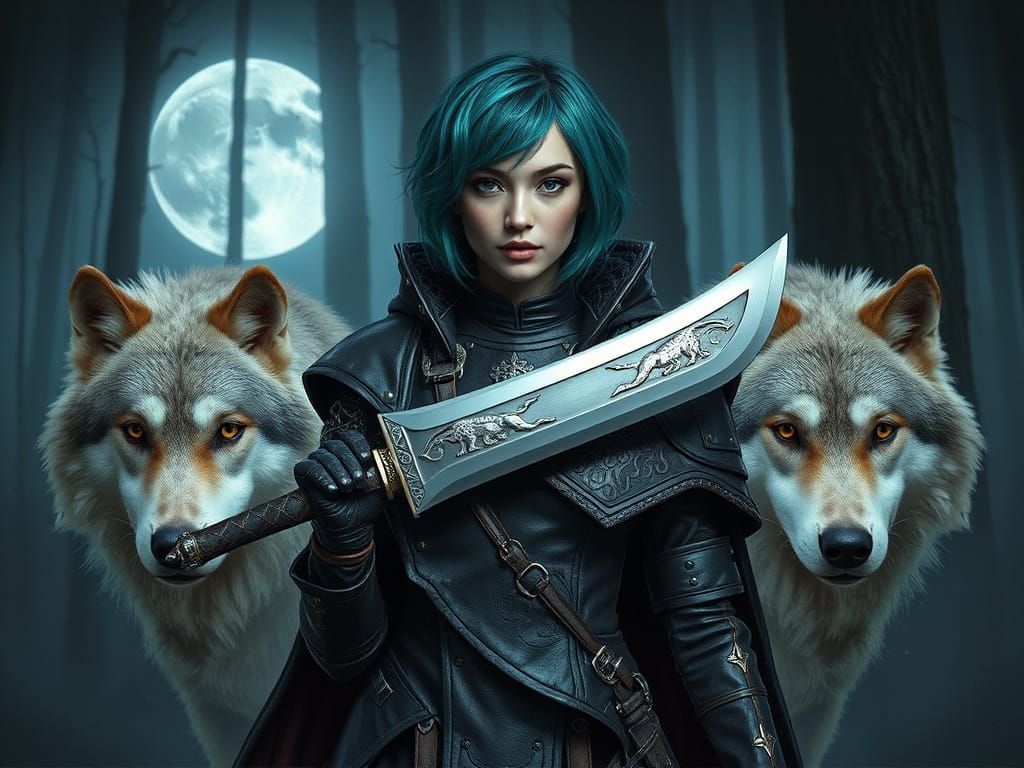 Gothic Dark Fantasy Warrior in Turquoise Hair and Leather Ar...