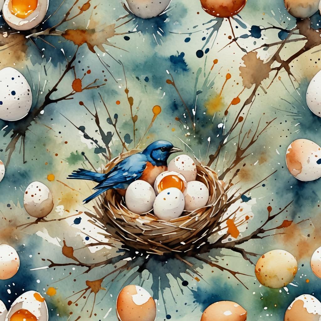Bird Nesting Eggs with Watercolor Splash Effect