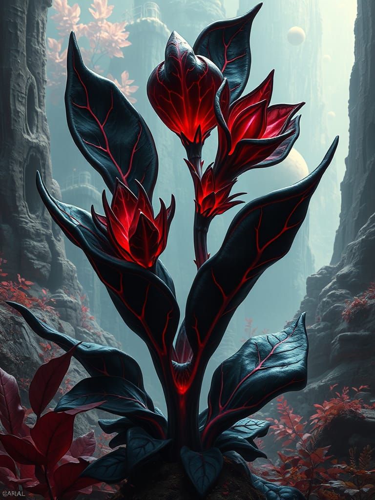 Alien Plant with Black Leaves and Red Veins
