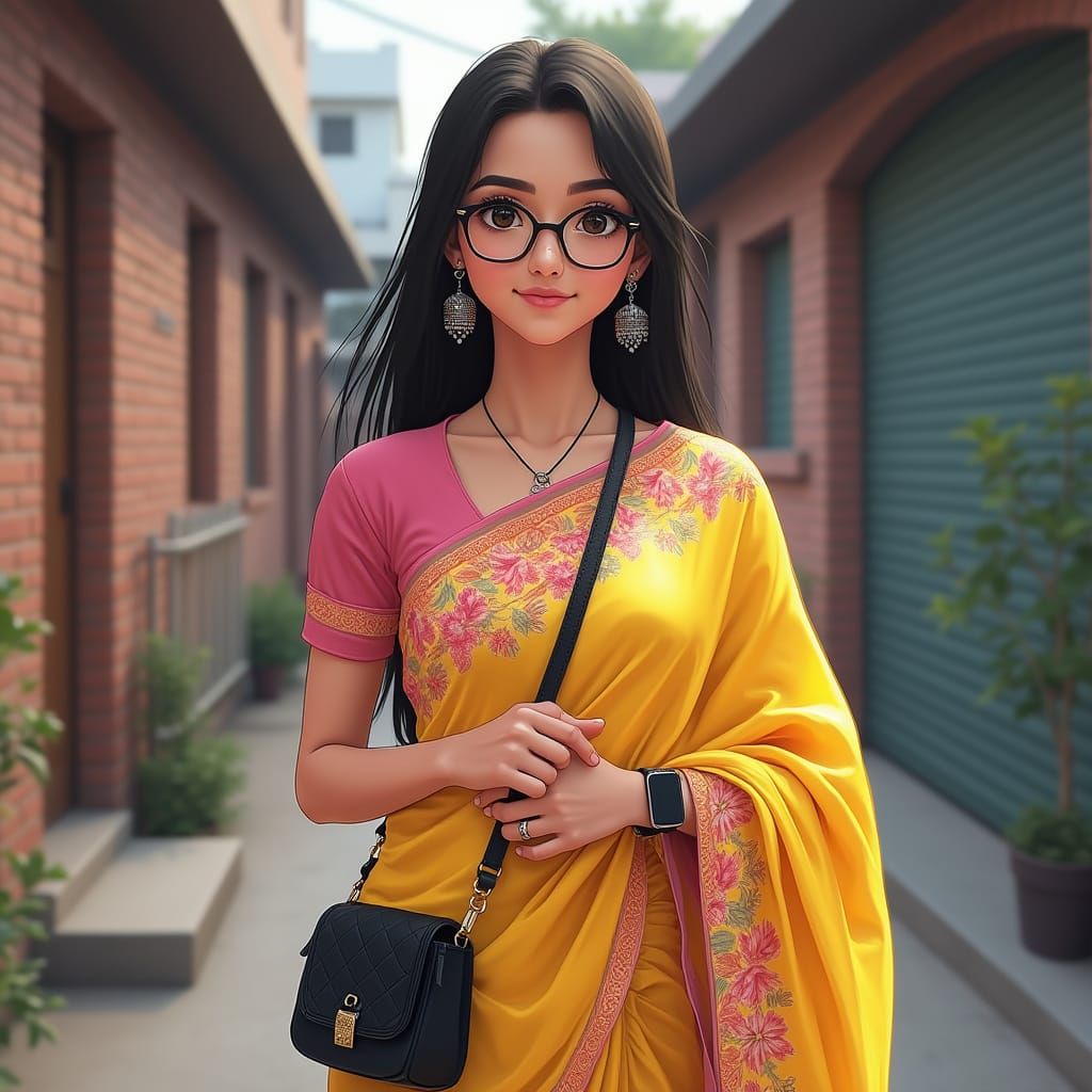 Elegant Young Woman in Vibrant Indian Attire in Cinematic An...